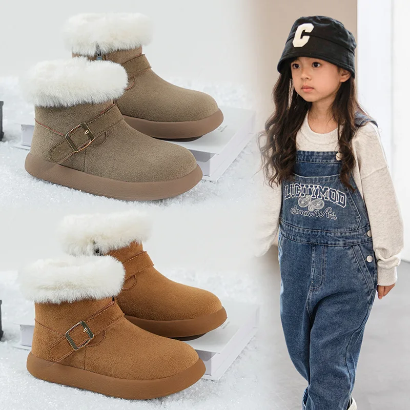 

Children Fluffy Fur Snow Boots Boys Girls Fashion Buckle Platform Winter Ankle Boots Baby Kids Short Plush Warm Cotton Shoes