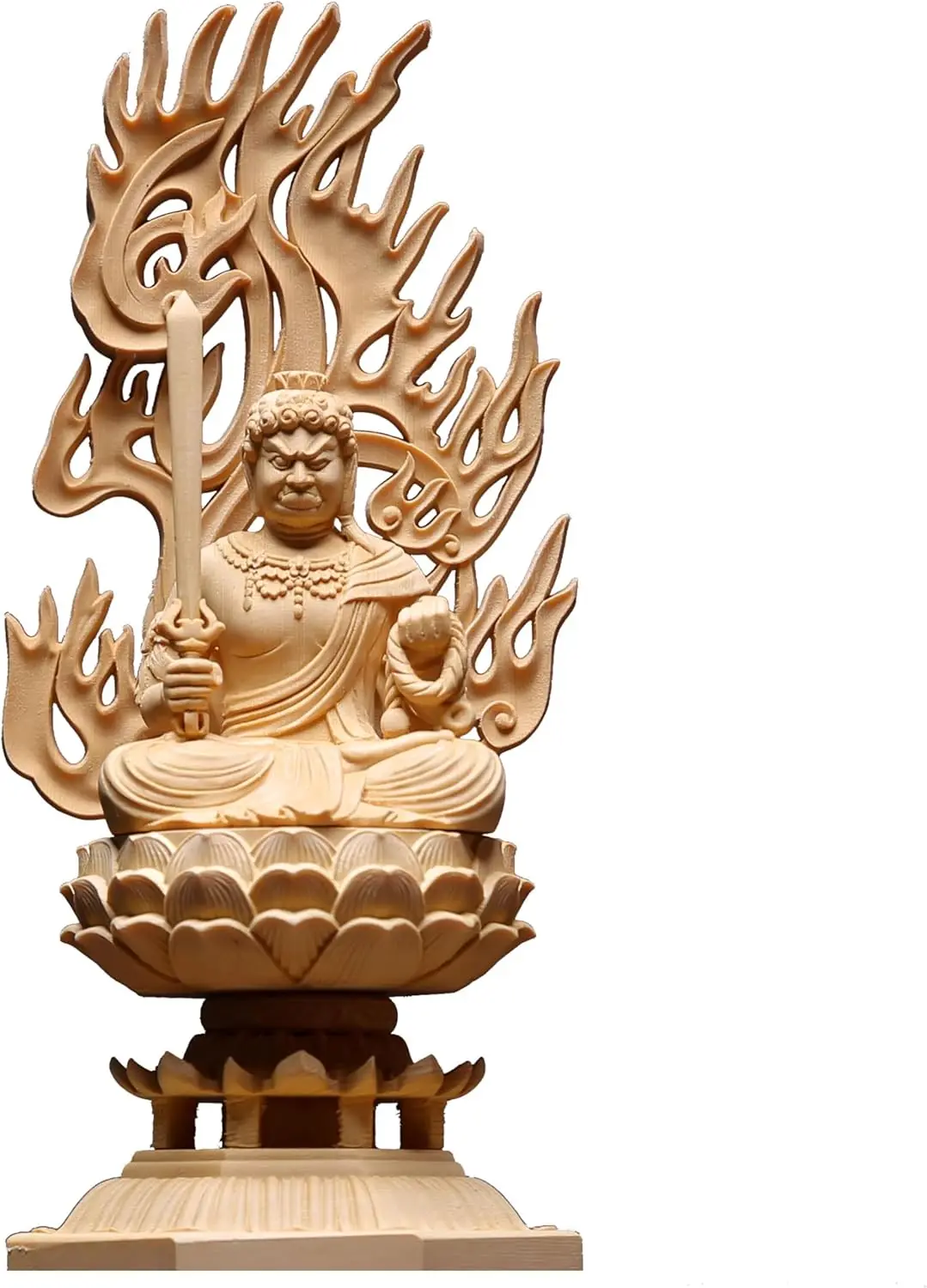 Hand Carved Wooden Fudo Myoo Acalanatha Statue Figurine - Wrathful Deity Sculpture Ornament Home Altar Temple Buddhist Decor