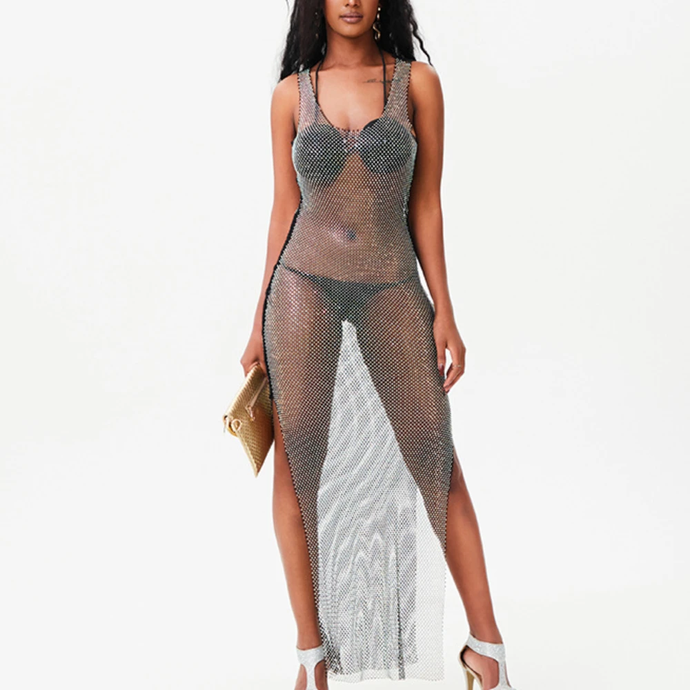 

New Women's European and American Sexy Sparkling Diamond Mesh Dress V-neck Slit Fishnet Rhinestone Long Skirt