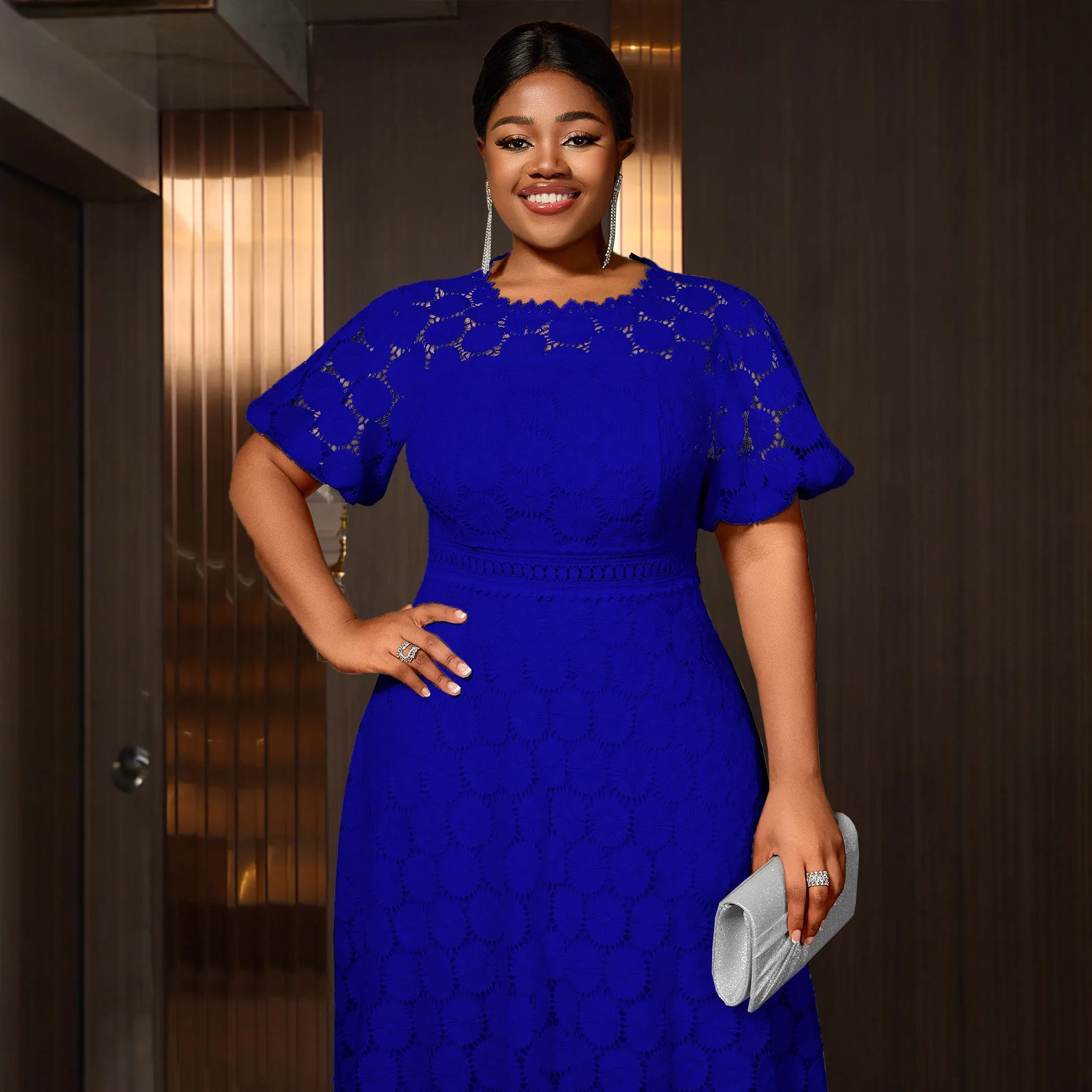 

Africa Clothing Women Church Lace Dress Elegant Flower Hollow Out O Neck Short Lantern Sleeves High Waist Office Evening Outfits