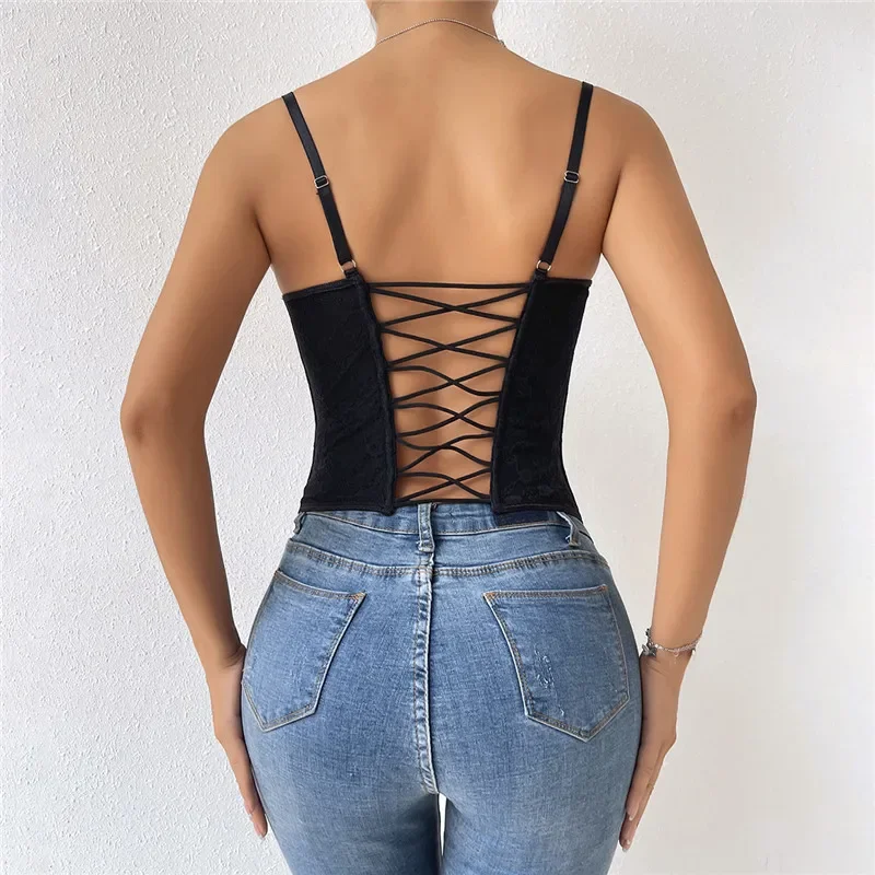 ISAROSE Women Sexy Lace Corset Tops Stretch Solid Color Patchwork Backless Y2K Girl Spaghetti Strap Summer Camisole Back Bandage