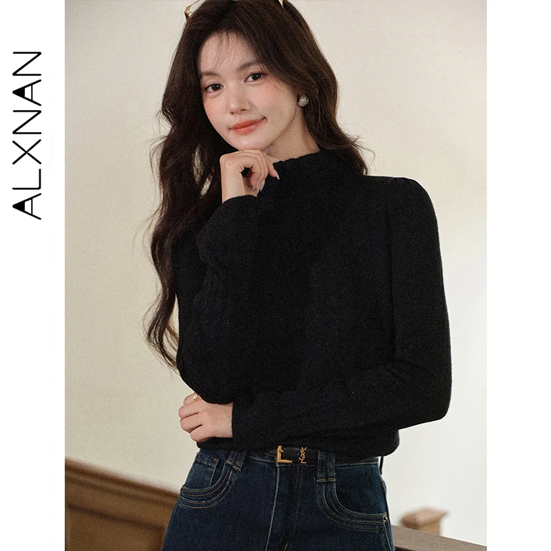 

ALXNAN Black Knitted Pullover Turtleneck Lace Slim-fit Long-sleeve Tops Autumn Elegance Temperament Versatile Knitwear L57901