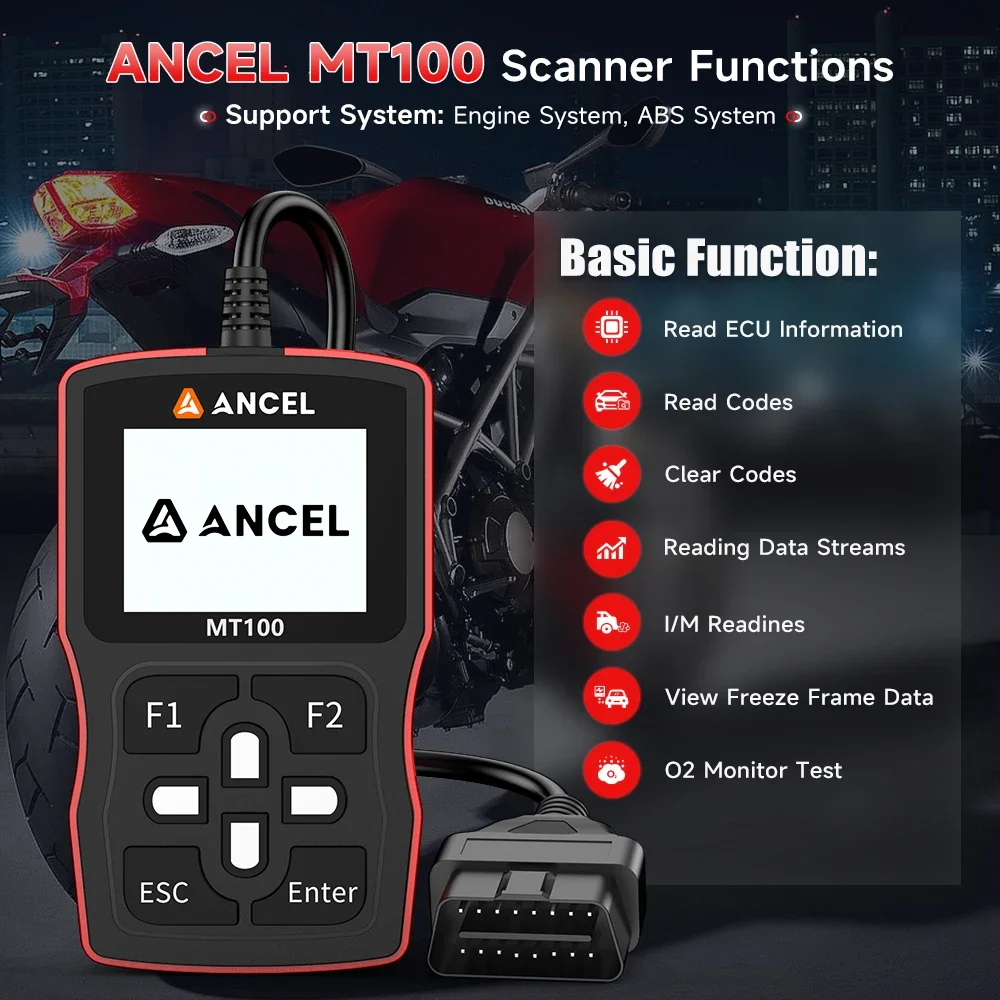 ANCEL MT100 Motorcycle Scanner Engine System Diagnostic Tool OBDII Motorcycle For Honda/Suzuki/Yamaha/