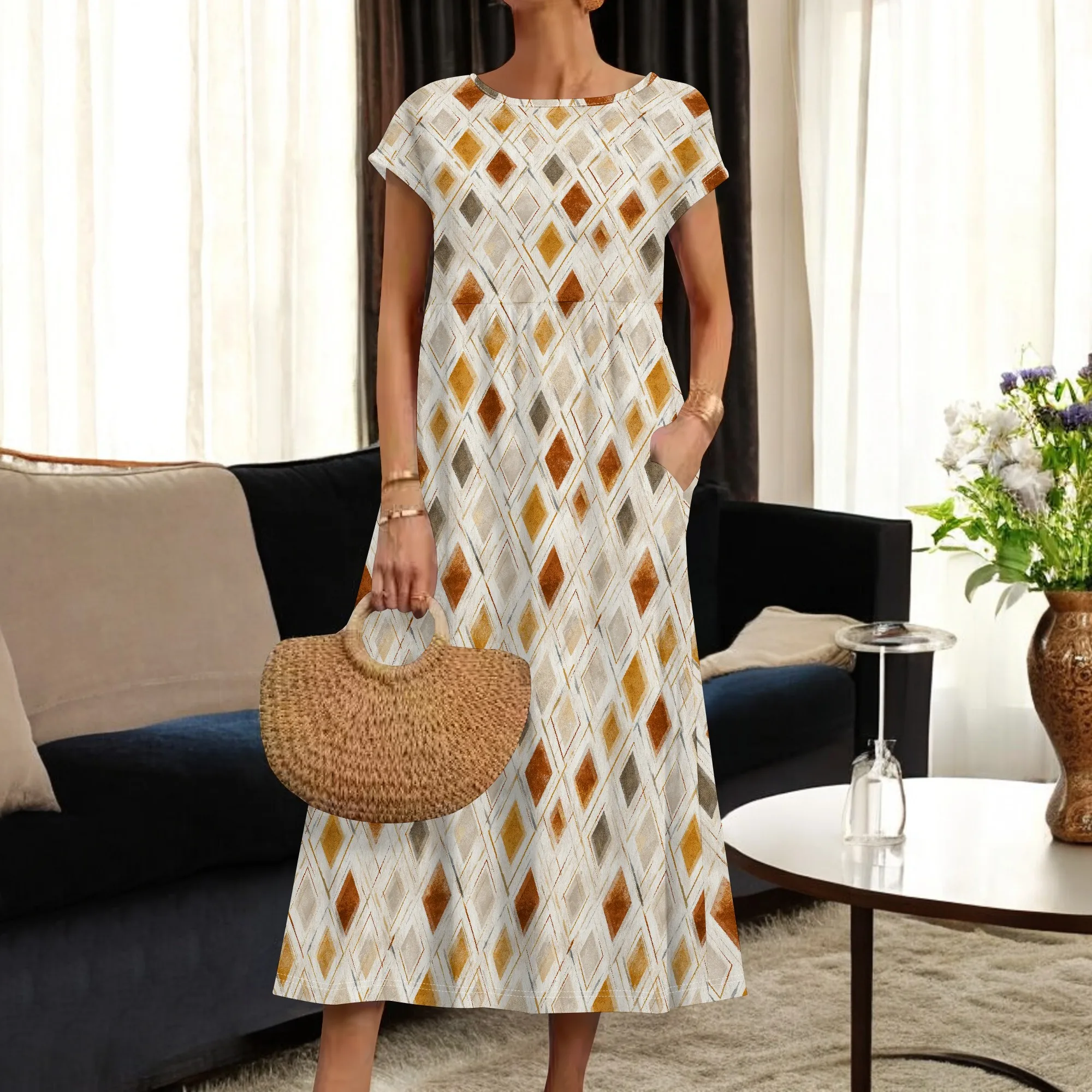 فساتين ماكسي نسائية بوهو ملونة بياقة دائرية وطبعة زهور فستان شاطئ صيفي كاجوال بأكمام قصيرة مع جيوب 2025