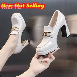 High Heel Women's Spring and Autumn 2023 Thick Heel Medium Heel Square Head Small Leather Shoes Women's British Fashion Shoes