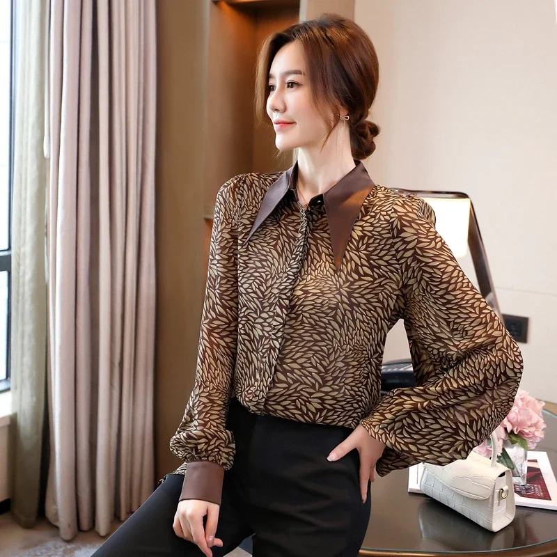 Chiffon Leopard Women\'s Shirt FASHION Print Vintage Blouses Polo-Neck Ladies Clothing Loose Full Spring/Summer Tops