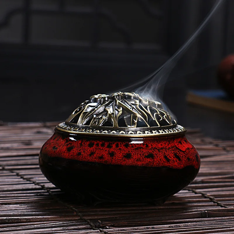 Ciqcai Keramik Eis Riss Platte Weihrauch Brenner, Heimtextilien Kupfer Abdeckung antike Legierung Weihrauch Platte Aroma Diffusor Weihrauch Brenner 9