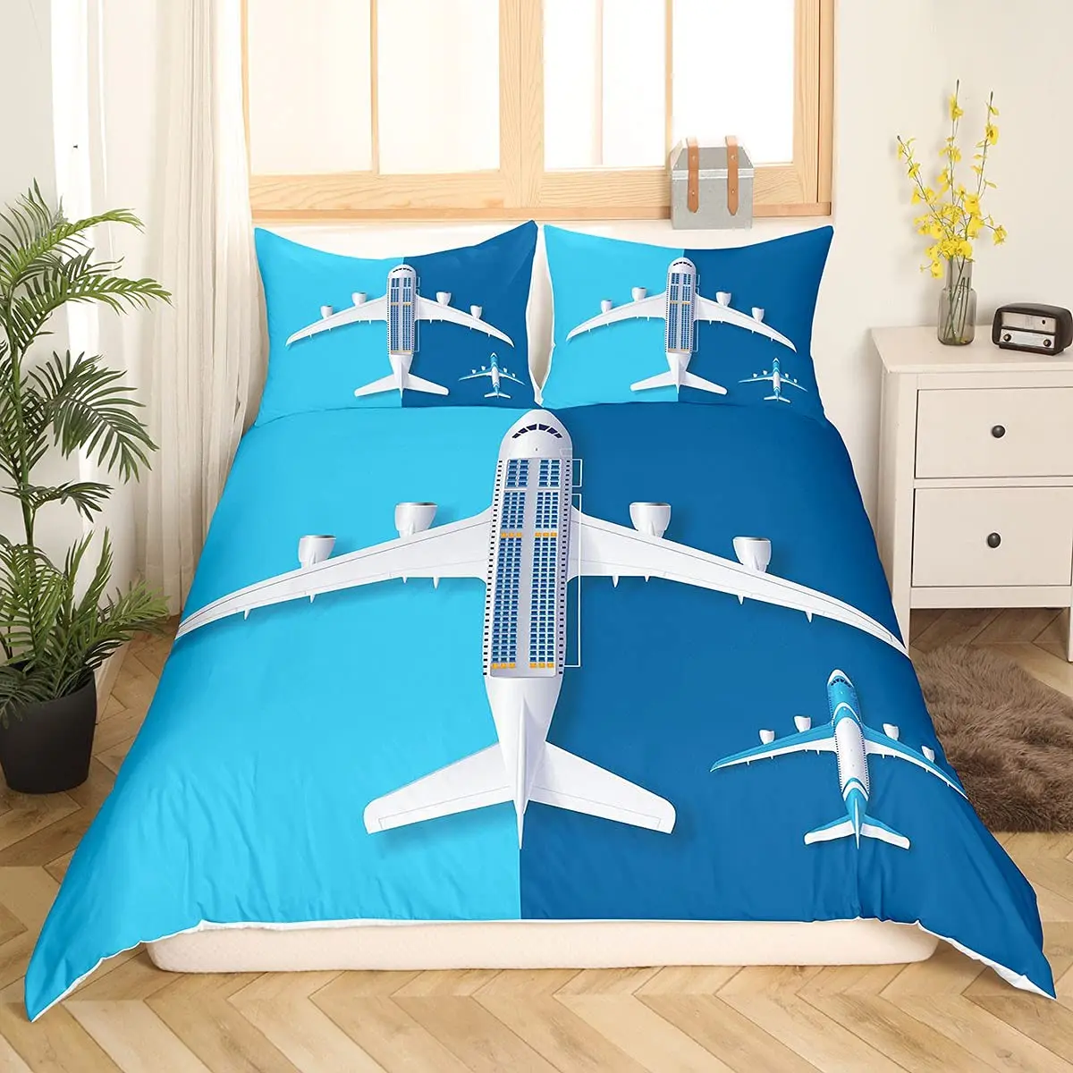 Airplane Duvet Cover Set,Peacekeepers Mission Jet up International Flight Aviation Theme Image,Decorative 3 Piece Bedding Set