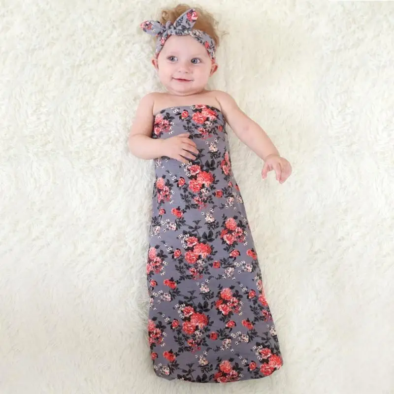 

E06F Newborn Swaddling Blanket Rabbit Ears Headband Baby Photo Props Unisex Floral Headwrap Infant Boys Girl Shower Gift 2PCS