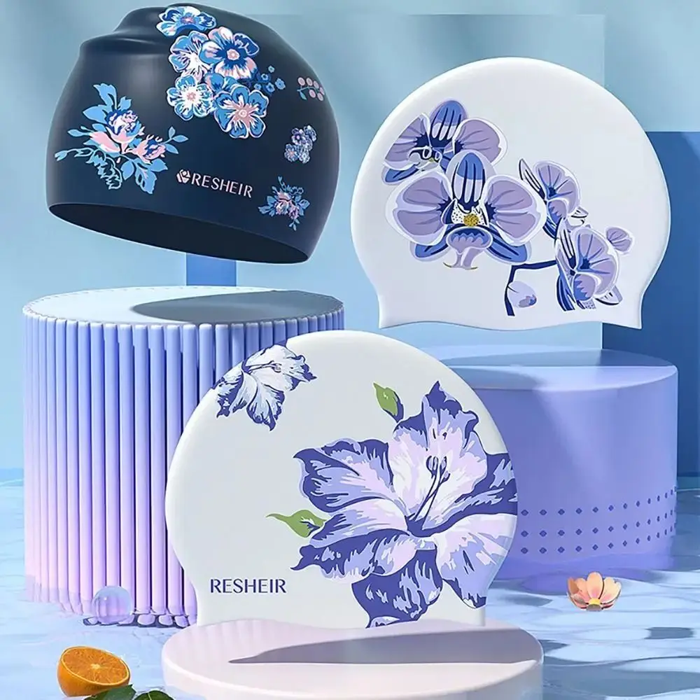 Summer Silicone Swimming Cap Waterproof Flower Pattern Diving Cap Protect Ears Elastic Bathing Cap Hot Spring
