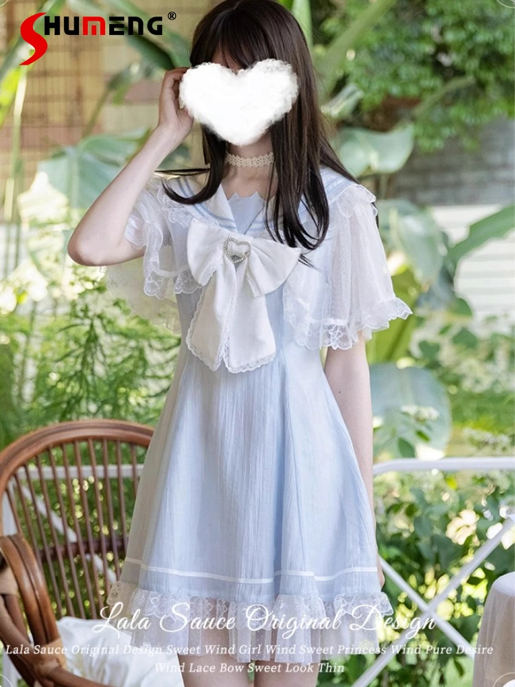 

Японские элегантные летние платья в стиле ретро в стиле шахт, темно-синий воротник, бант, кружевная накидка, рукава, высокая талия, облегающее короткое платье трапециевидной формы для женщин