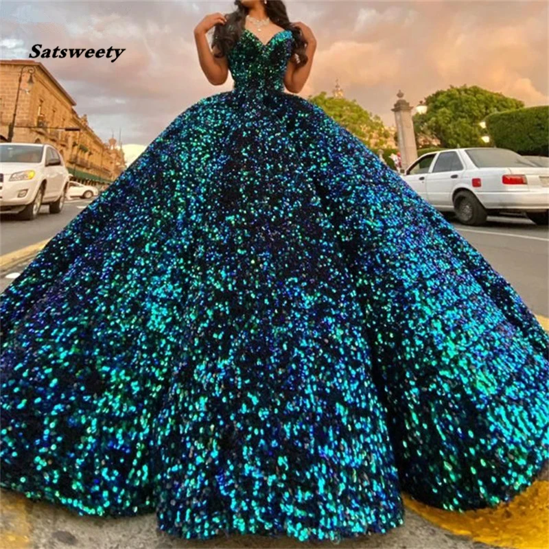 Gold Dubai Sweetheart Sexy Plus Size Prom Dresses Sequined Off Shoulder Luxury Sweet 16 Gowns Quinceanera Dresses