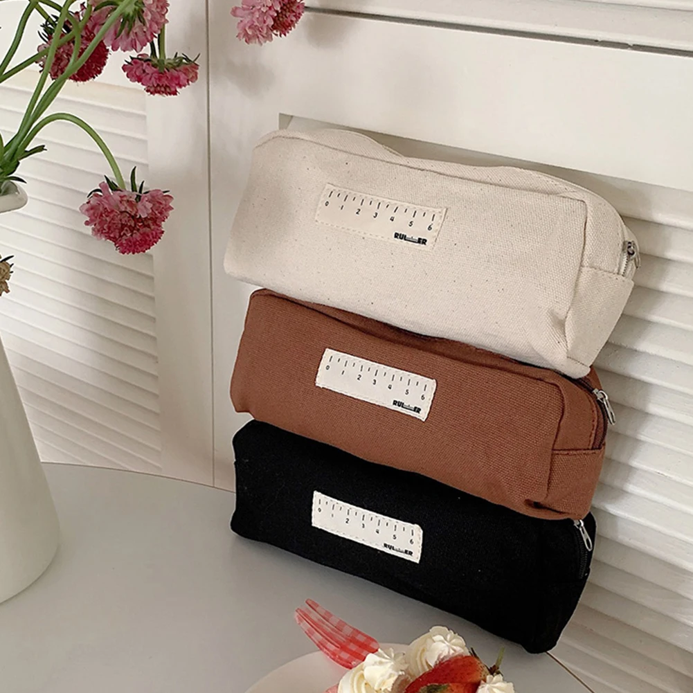 Retro Solid Color Large Capacity Vintage  Canvas Pencil Cases Bag Plain Portable Cosmetic Bag Storage Bag Stationery