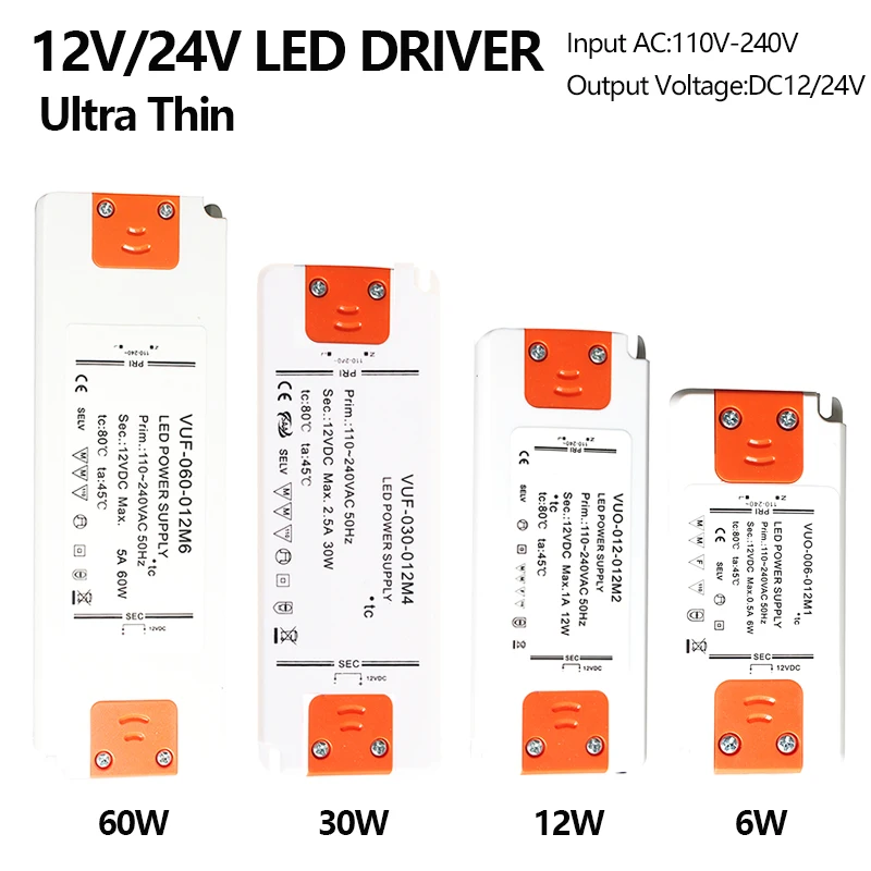 Alimentatore trasformatore LED ultrasottile AC110-220V DC5V/12V/24V 6W 12W 30W 60W adattatore alimentatore Driver LED per illuminazione a LED MR16