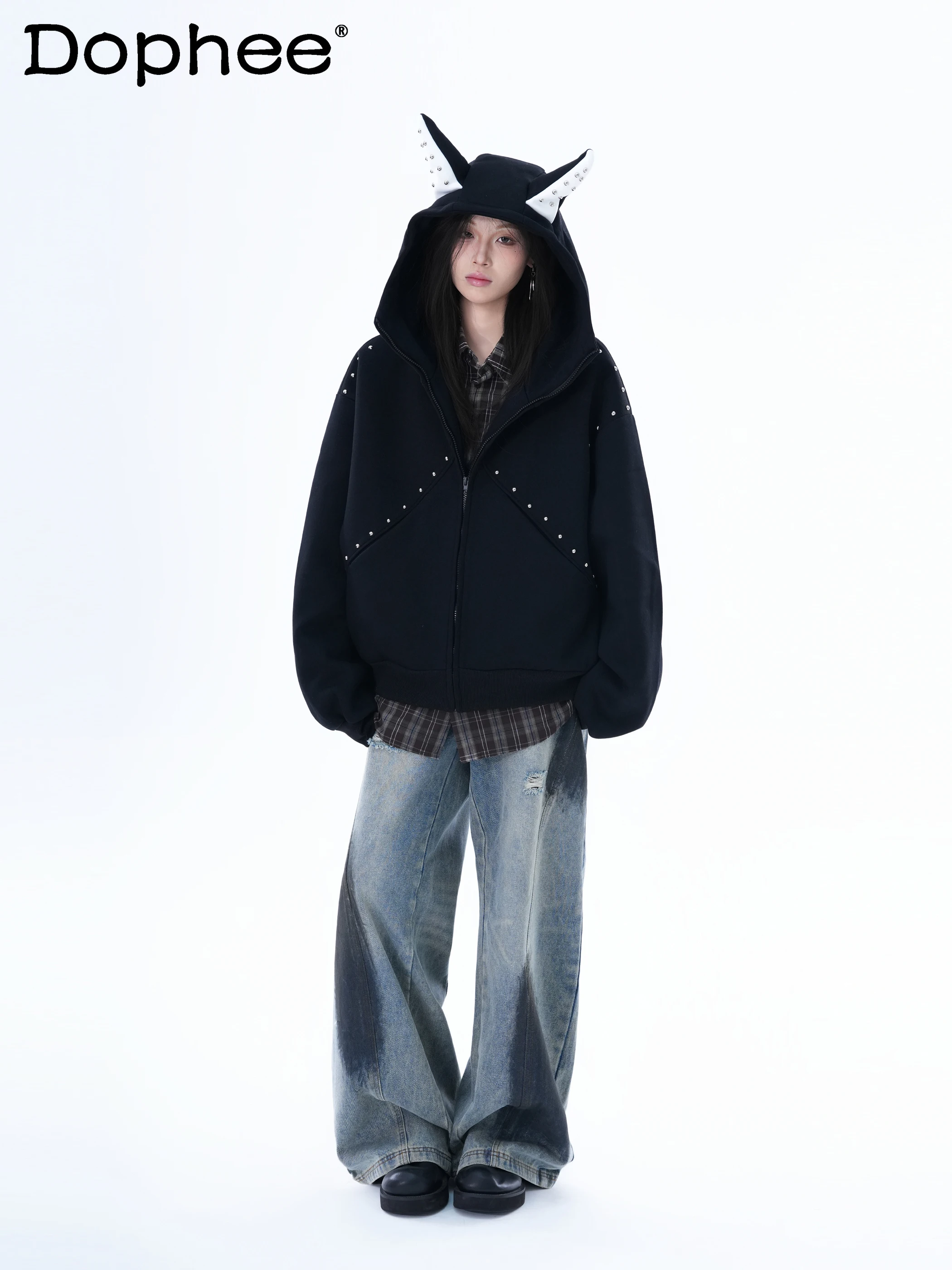 

American High Street Fashion Trend Rivet Zipper Cardigan Sweatshirt Sweet Cool Girl Loose Casual Y2K Subculture Jacket