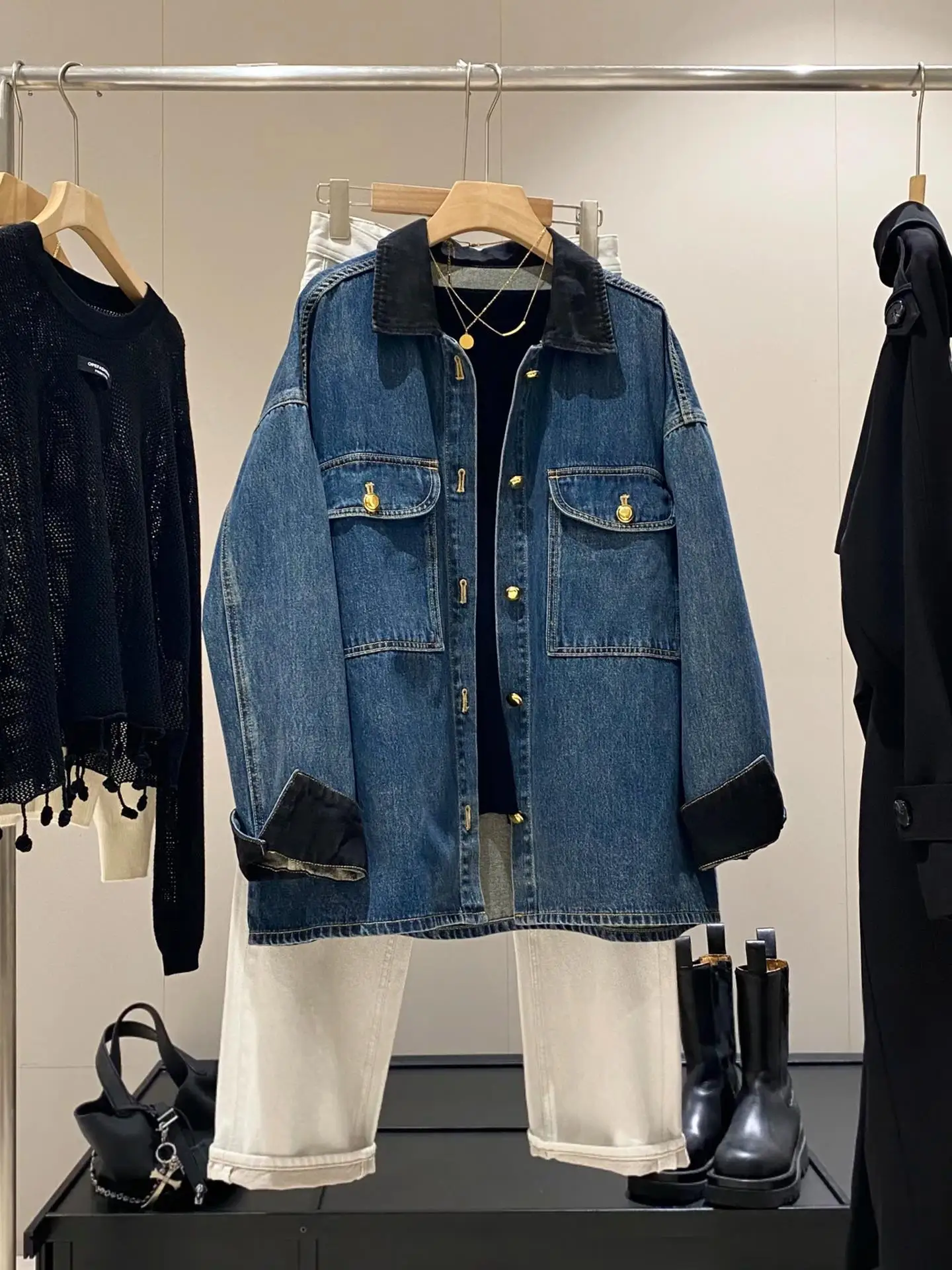 

Джинсовый тюнер с талией в стиле ретро, женский осенний новый топ с высоким воротником, теплый длинный топ на пуговицах све, без бренда