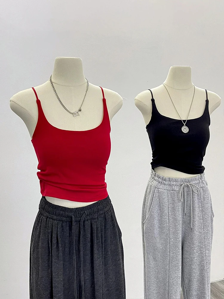 American Style Camisole Tank Top Women Summer Outerwear Inner Match with Chest Pad Beautiful Back Bra Integrated Spicy Girl B...