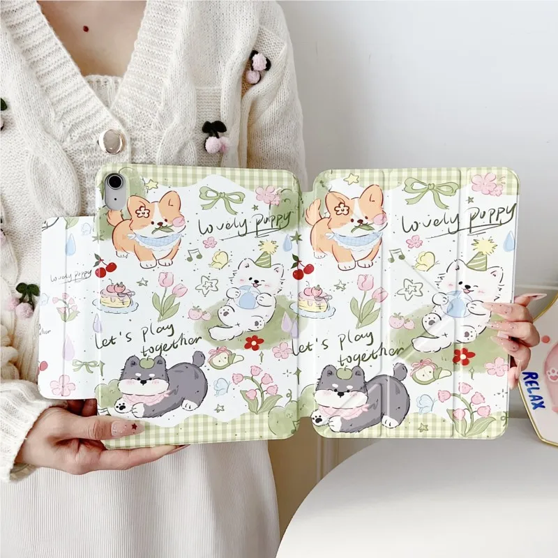 

Cute Puppy Cartoon Retro Print Foldable with Pencil Holder Tablet Case for iPad 10th Gen Air4/5 10.9in Pro11 Air6/7/8 11in Cover