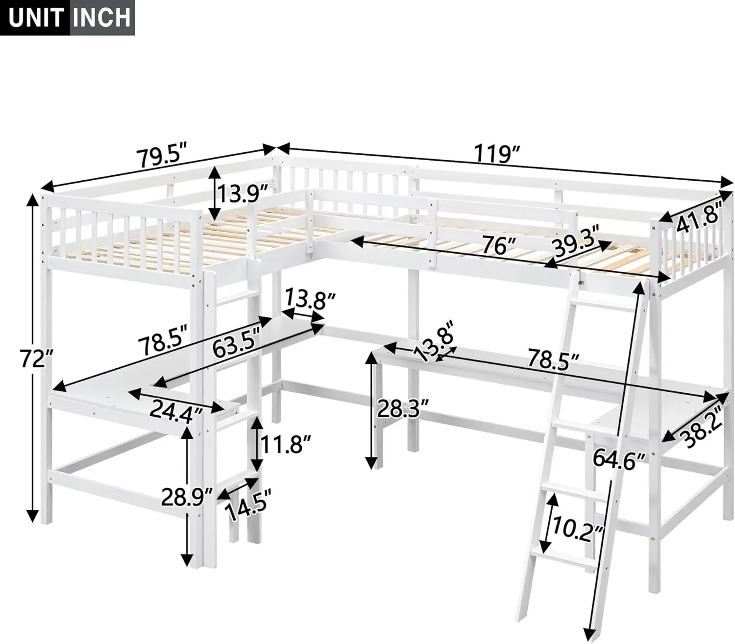 Twin Loft Bed with Desk and Shelves White Pine Wood Modern Style Sturdy Construction No Box Spring Required