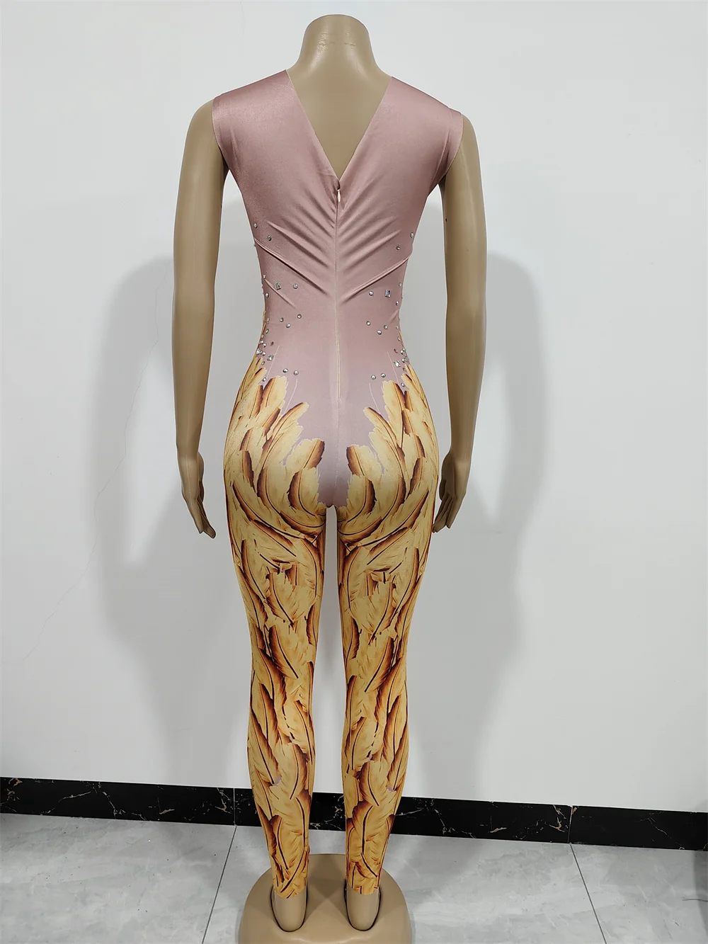 Sparkly Crystal Printed Sleeveless Jumpsuit Halloween Cosplay Leotard Performance Costume Nightclub Party Show Dancer Stage Wear