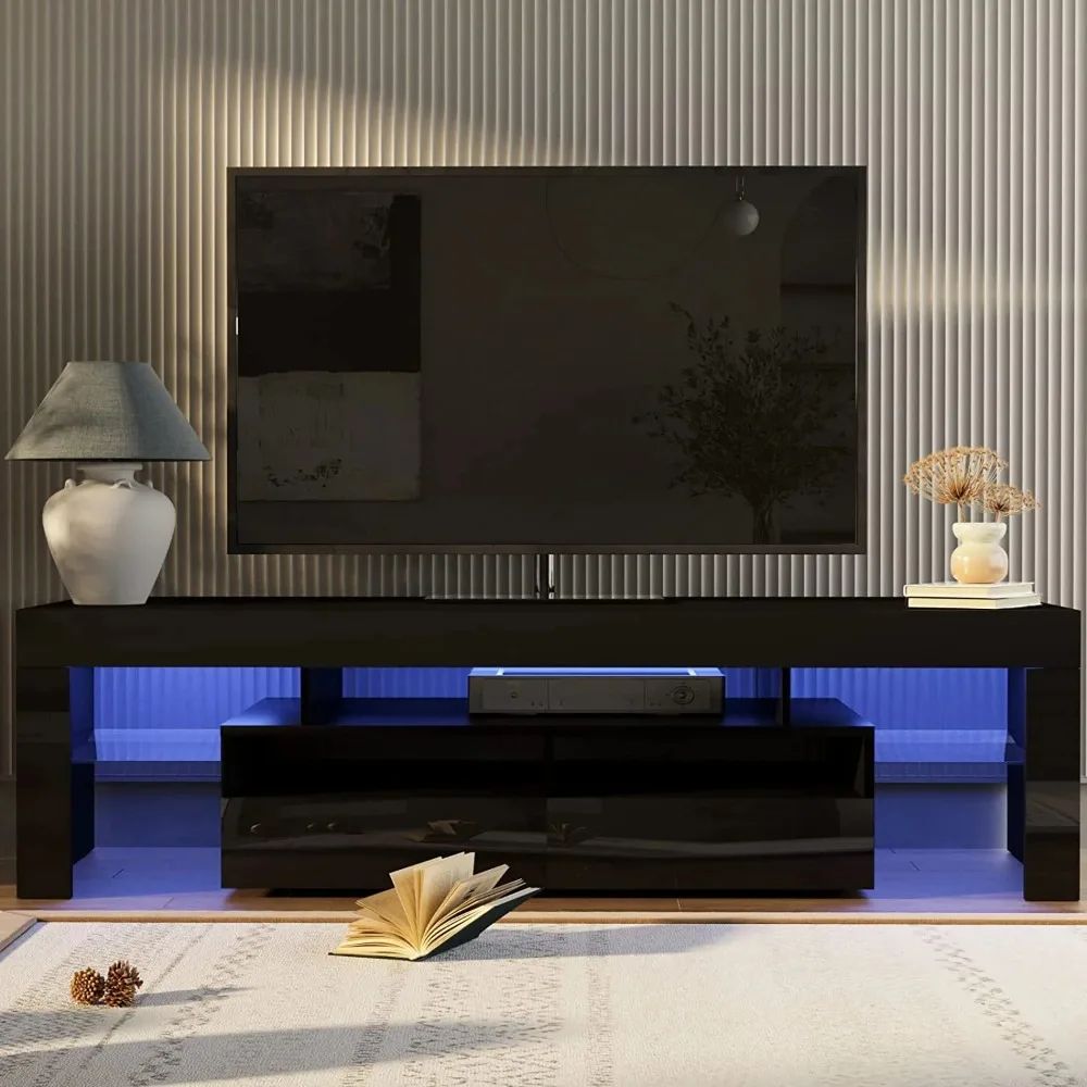LED Light TV Stand for 55/60/65 inch TV, Modern Gloss Entertainment Center with Drawer and Glass Open Shelf, TV Console Table image 6