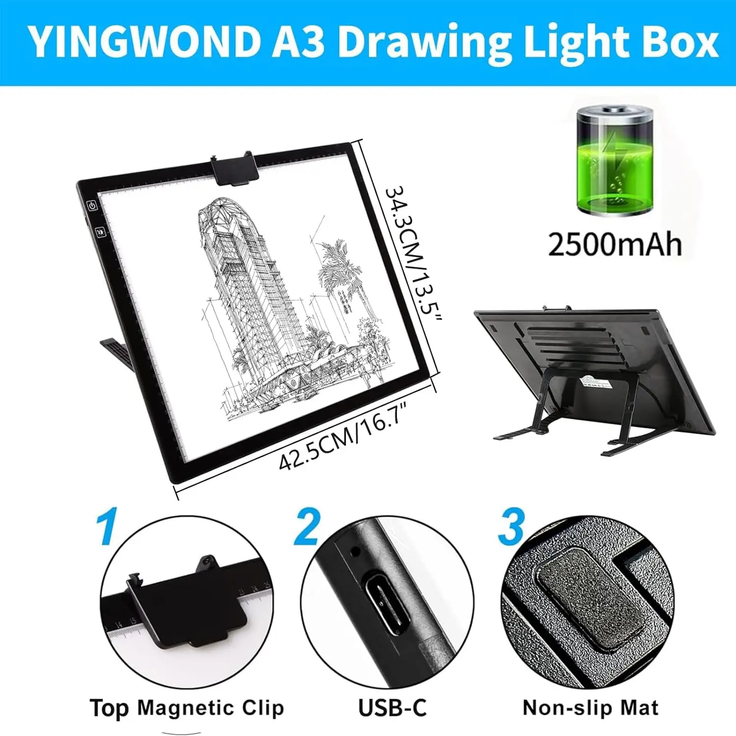 KOBAIBAN Wireless Rechargeable A3 LED Light Pad and Built-in Foldable Stand, 3 Color Tone, 6 Levels of Brightness