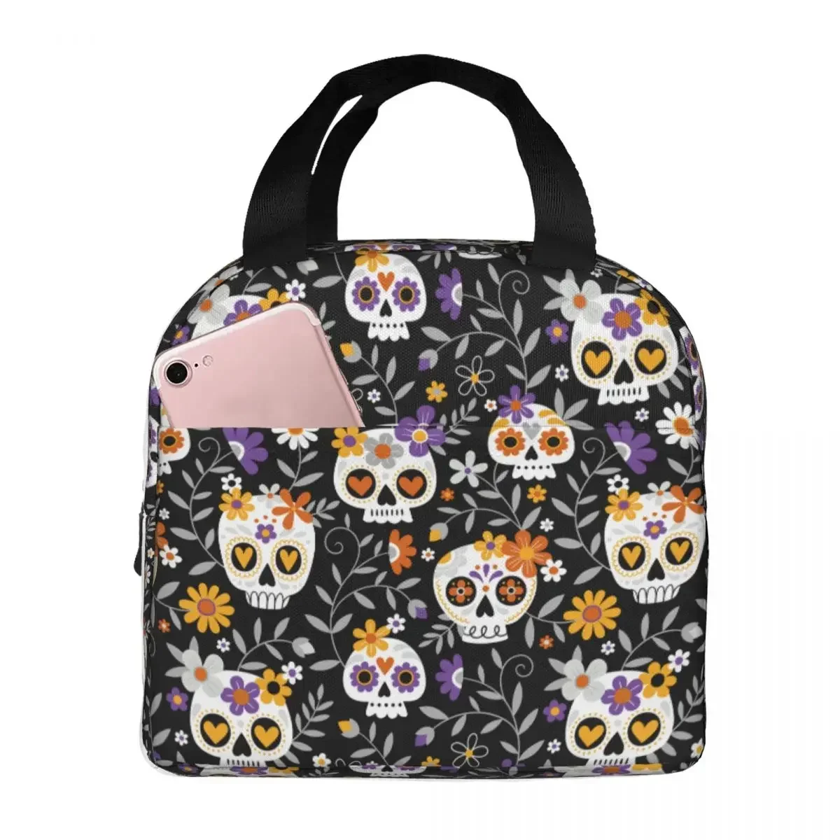 

Cute Sugar Skulls Flowers Lunch Bags Portable Insulated Oxford Cooler Thermal Food Picnic Lunch Box for Women Children