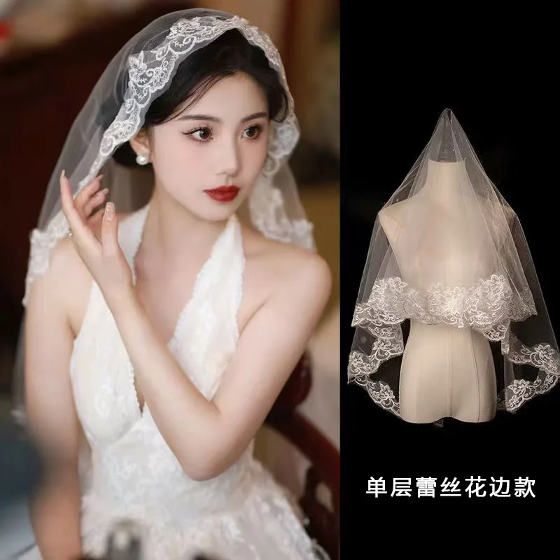 フランスのレトロなレースドレス、ヘッドドレス、ブライダルマスター、ウェディングテール、純白の帽子