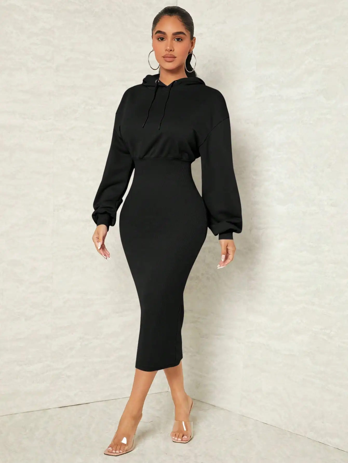 

Black Drop Shoulder Hooded Midi Dress with Drawstring Waist