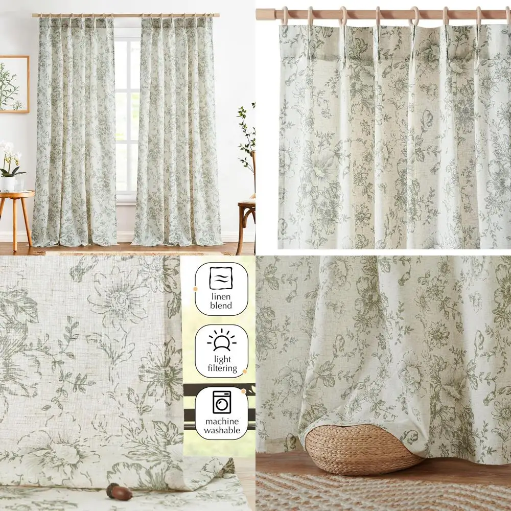 

jinachan Pinch Pleated Curtains Floral Linen Blend Curtains for Living Room 96 Inches Length Christmas Green Peony Flower Printe