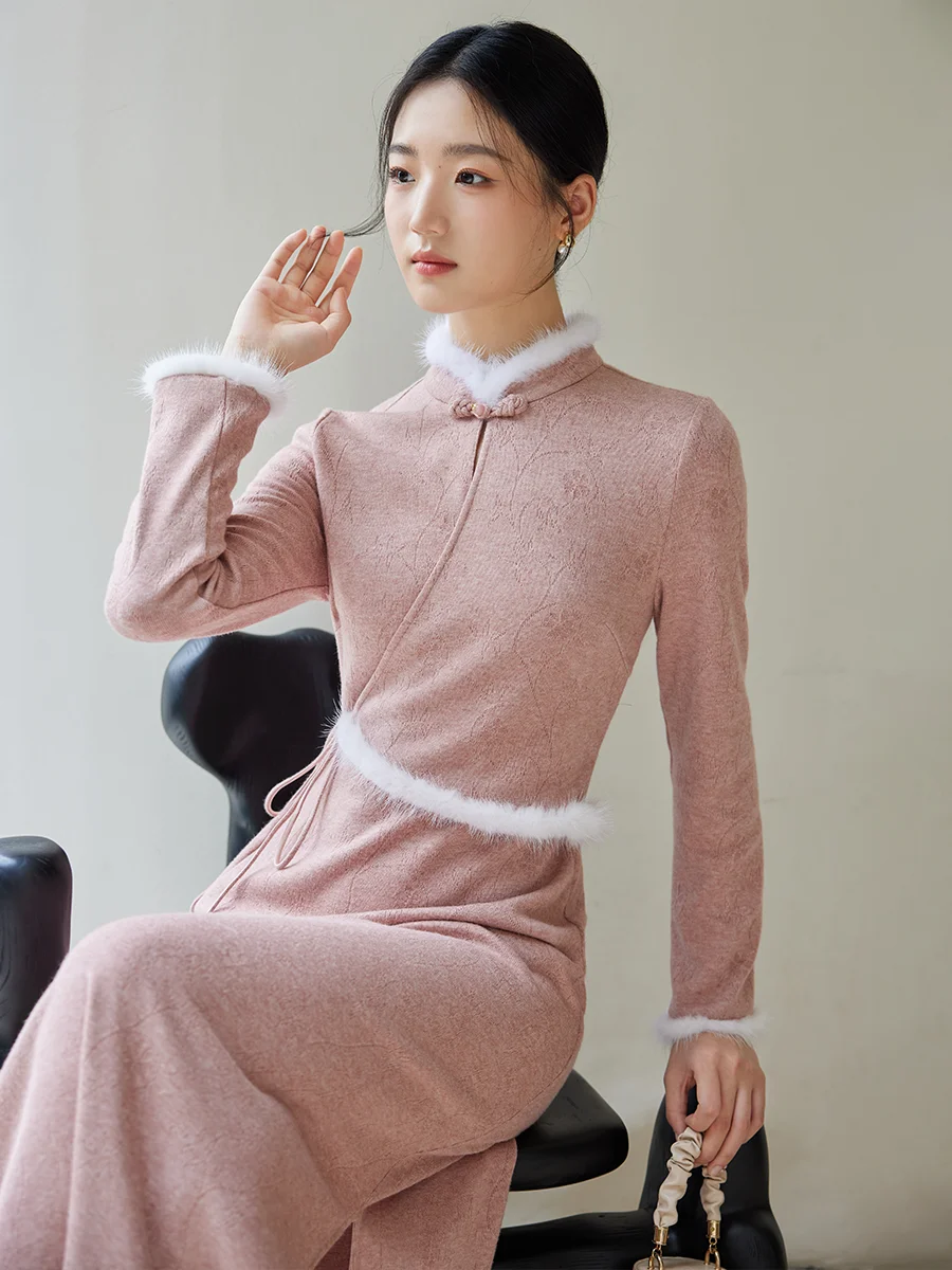 

Улучшенное женское осенне-зимнее розовое приталенное платье ChuChan для свадьбы и повседневной носки, новое, в китайском стиле, длинное