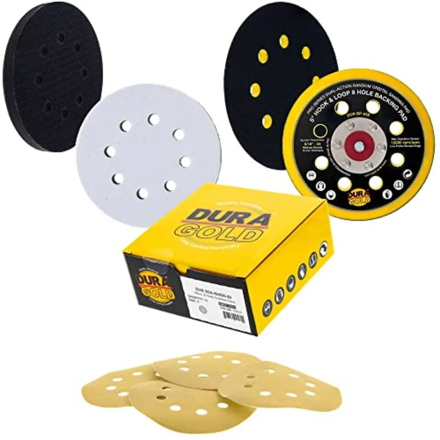 

5-дюймовые шлифовальные круги - зернистость 600, с креплением на липучке, опорная тарелка для DA-шлифмашин и промежуточная прокладка мягкой плотности