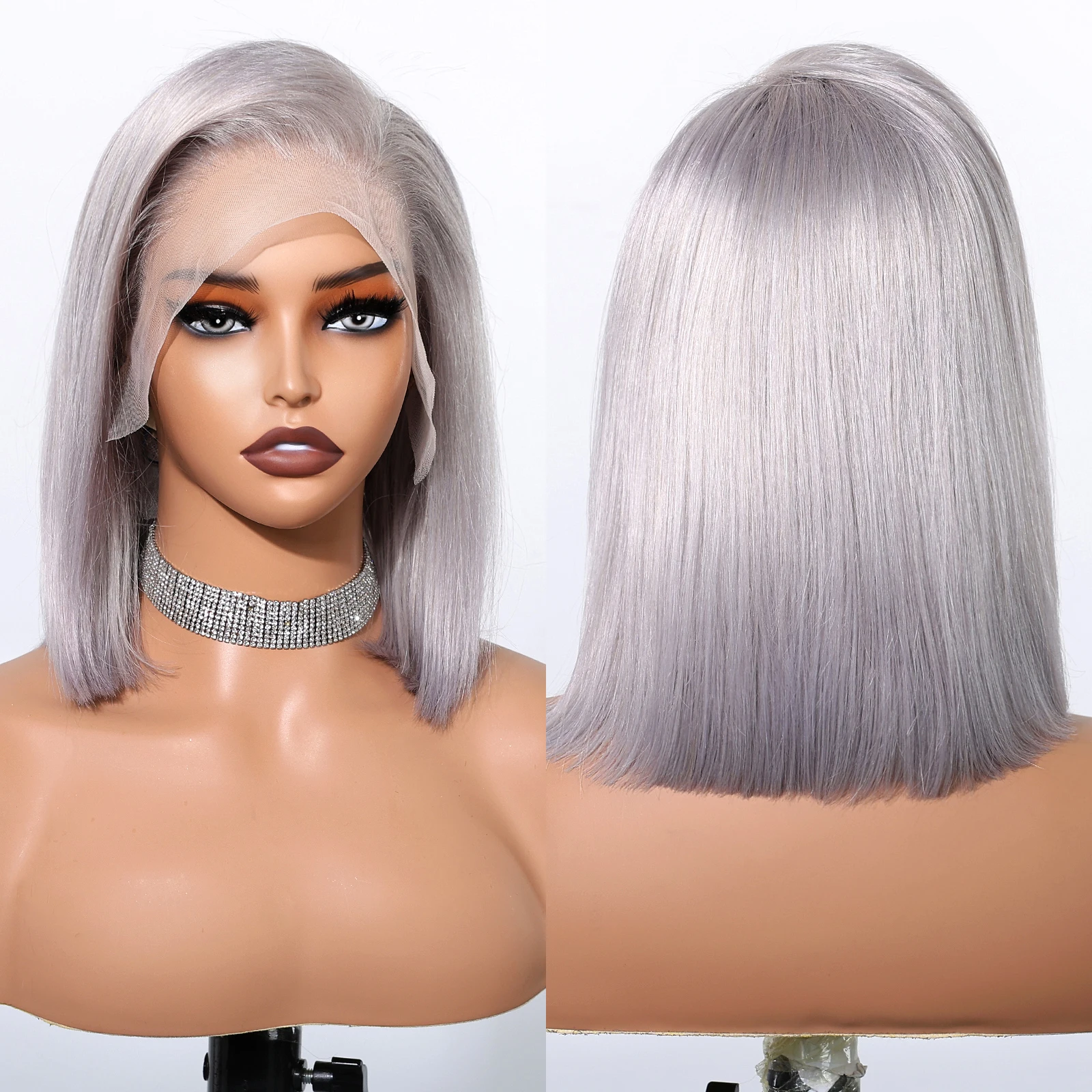 Silk Gray Blonde Remy Human Hair 13*4 Transparent Lace Frontal Wigs Short Straight 10 Inches 100% Remy Human Hair Wigs for Women