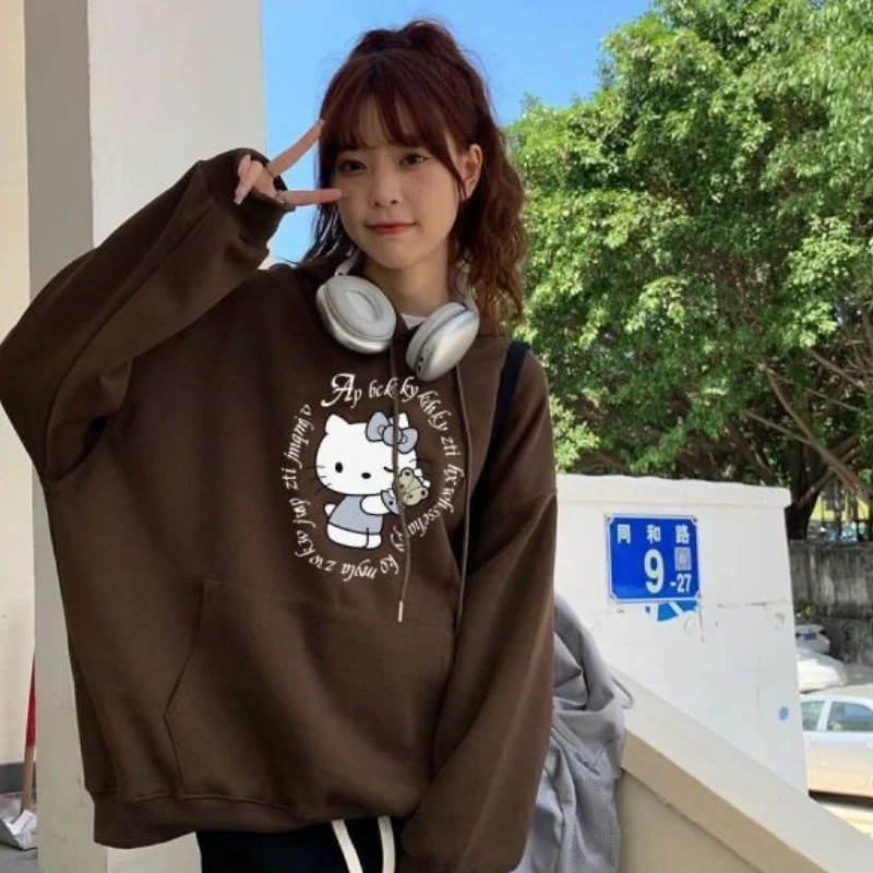 

Новая толстовка с капюшоном Sanrio Hello Kitty для девочек, модная куртка с принтом для школьниц на раннюю осень и весну