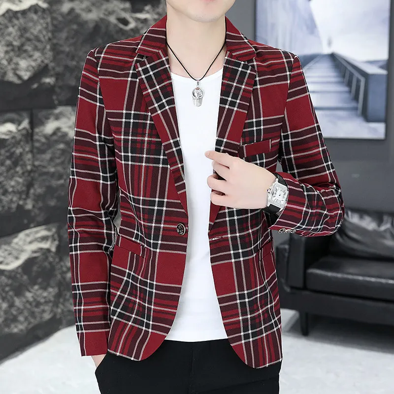

Men's Casual Plaid Suit Jaet Busin Sle Spring Autumn Wear for Students Polyester Fiber Anti-Wrinkle Long Sve irt