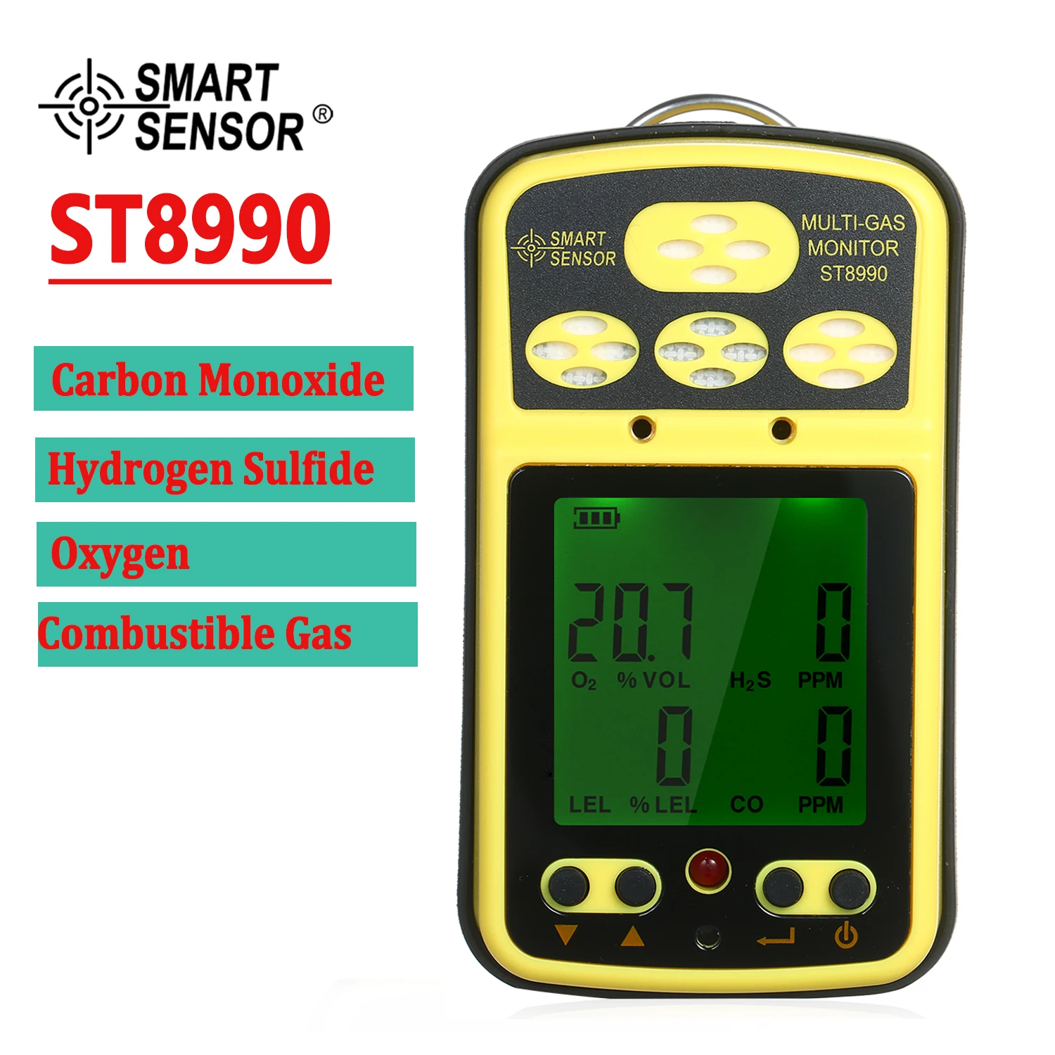 SMART SENSOR ST8990 4 in 1 Multi Gas Monitor Rechargeable O₂ LEL CO H₂S Gas Detector Tester Sensor Backlight Alarm LCD Display