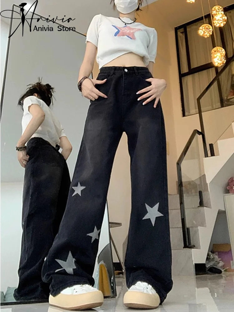

Harajuku Streetwear Retro Fashion Women High Waist Jeans 2024 Black Star Wide Leg Straight Loose Denim Trousers Y2K Baggy Pants