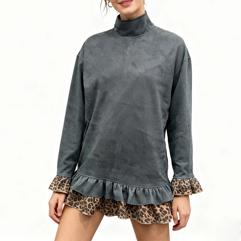 Otoño Y2K Kpop Retro con volantes vestido con adornos de leopardo mujer cuello alto manga acampanada moda mujer Tops Mini vestido Casual ropa de calle