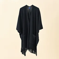 2022 Spring Autumn New Knitted Solid Color Pocket Tassel Female Shawl Imitation Cashmere Women Cloak Lady Poncho Capes Black