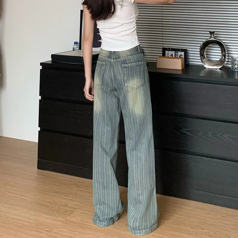2025 Girls Striped Designer Wide Leg Jeans Female Chic Retro High Waist Denim Trousers Lady Baggy Thin Casual Pants