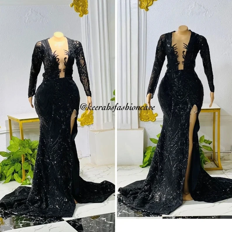 

Black African American Prom Dresses Mermaid Long Sleeves Lace Slit Black Girls Nigeria Robe De Soiree Evening Dress Gown