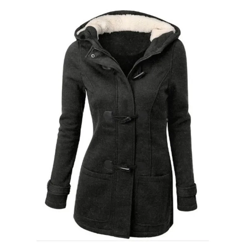 Women\'s Outerwear Hooded Cow Horn Buckle Warm Cotton Jacket 2024 Autumn Winter Lamb Wool Vintage Plus Size Female Clothing