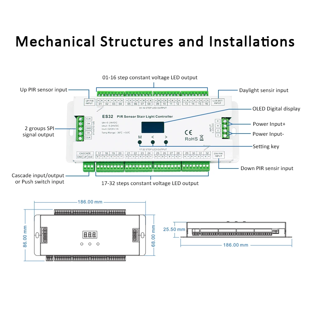 32CH ES32 PIR Sensor Stair Light Controller Human Body Infrared Inductive Switch Step Lamp Control for Single Color RGB Strip