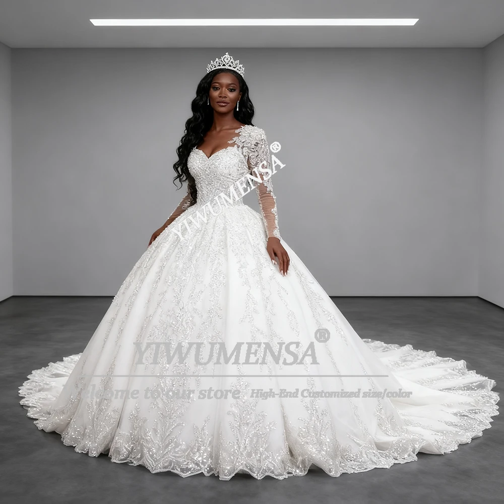 

Sparkling Lace Appliques Wedding Dresses For Bride Long Sleeve Illusion Princess Ball Gown Bridal Marriage Attire Robe De Mariee