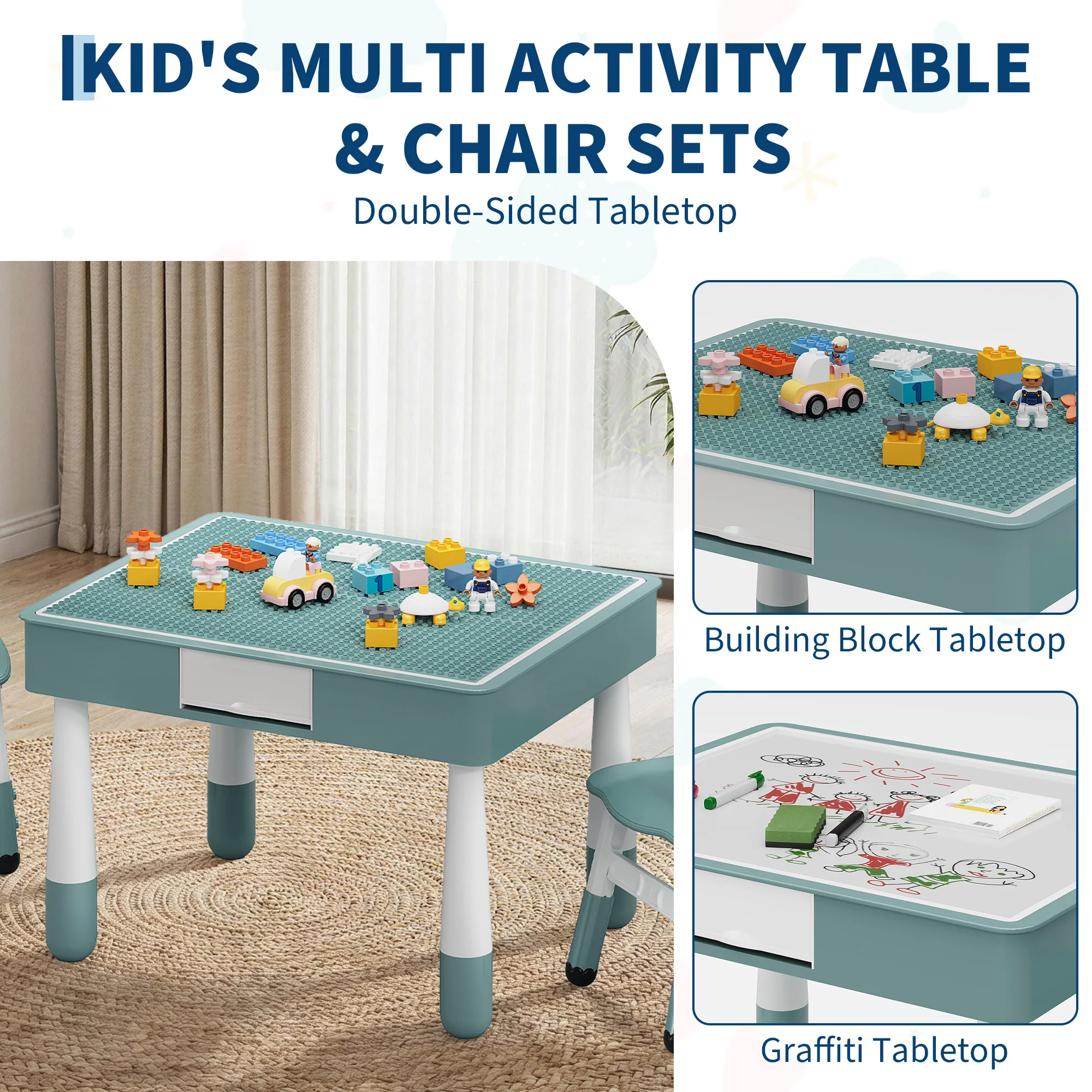 4-in-1 Kids Table and Chair Set, Toddler Activity Table with 2 Adjustable Chairs - Reversible Double-Sided Block & Graffiti Top - Study/Play Desk for Ages 3-10 - view 3