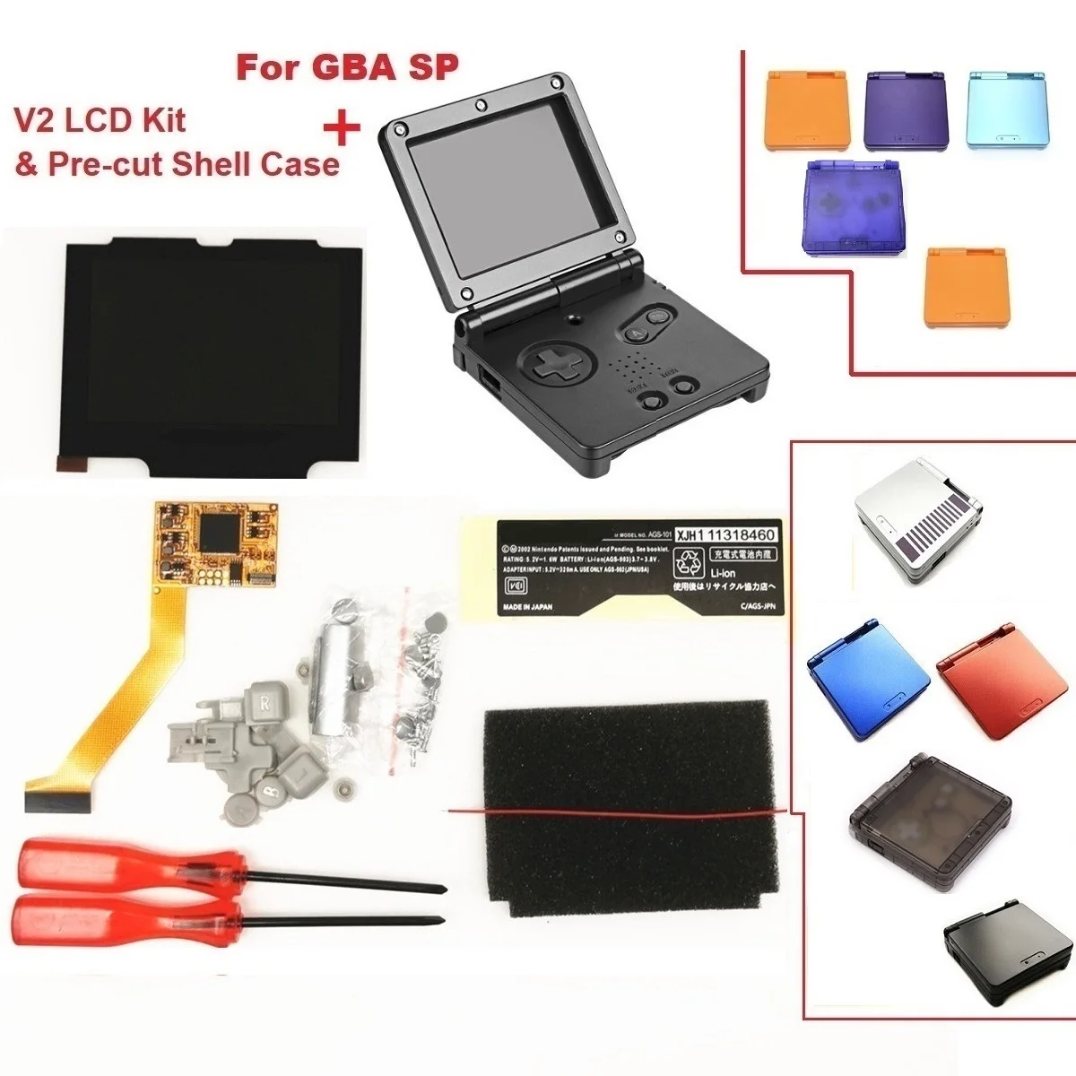 

V2 IPS Screen LCD Kits for GBA SP Backlight LCD Screen 5 Levels Brightness V2 Screen For GBA SP Console And pre-cut Shell