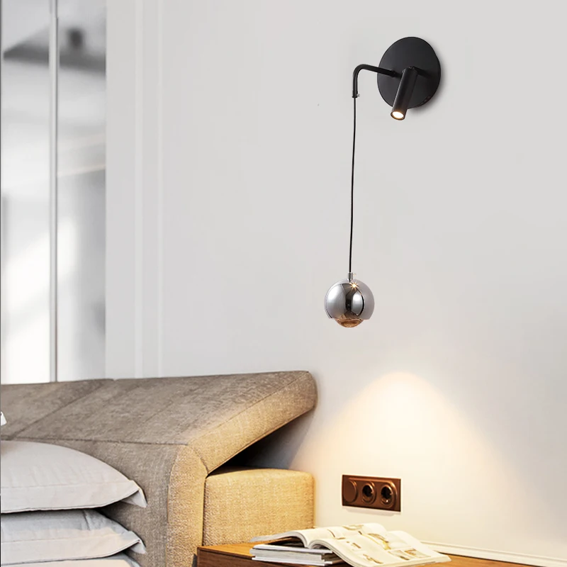 Wall Lamp Bedroom Bedside Suspension Wire Wall Lamp Small Spotlight Nordic Modern Minimalist Cream Style Ball Small Hill Italian