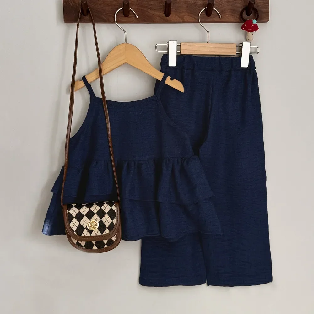 Fashion Solid Color Simple Casual Style Pleated Suspender Top+Pants 2 Pcs Set Summer Girls Clothes 3-7 Year Old Children Outfits