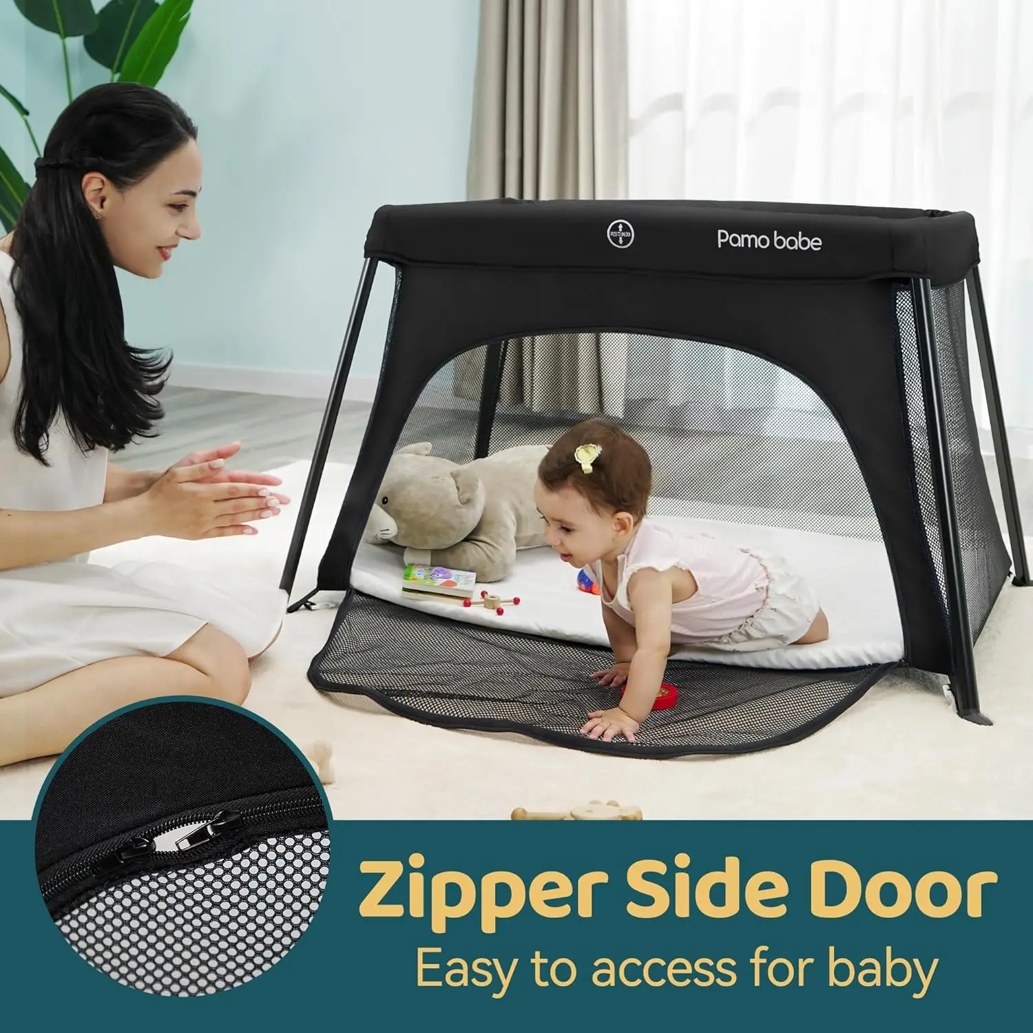 Lightweight Travel Crib with Mattress, Compact Play Yard and Detachable Legs for Easy Portability