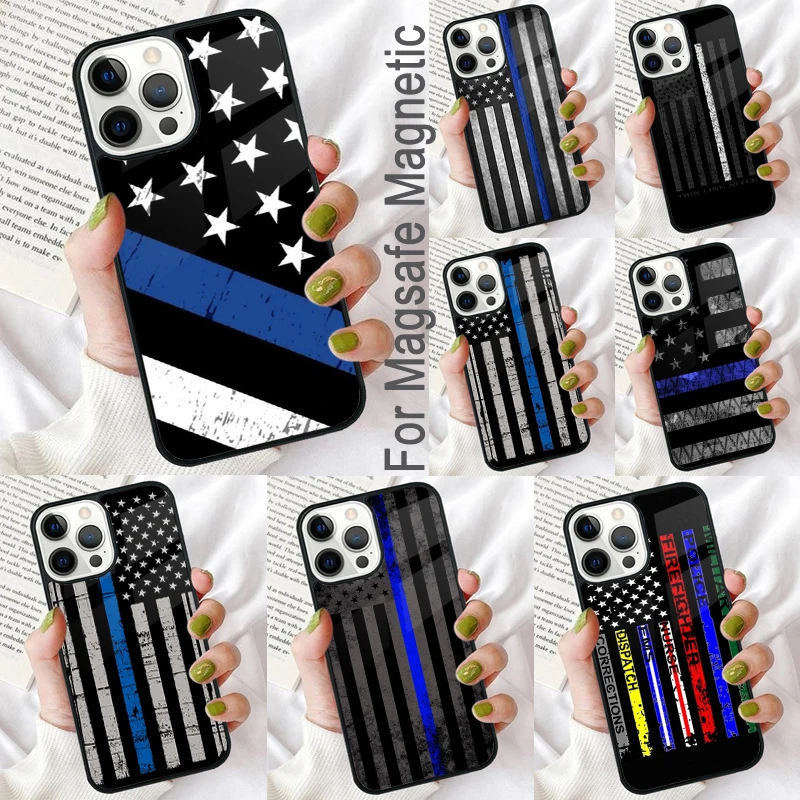 Police Thin Blue Line Flag Magnetic Soft Phone Case for iPhone 16 Promax 15 Pro 13 14 Plus 11 12 Mini MagSafe Coque